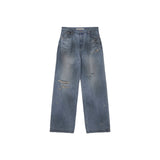 HEAVY WASHED DAMAGE DENIM PANTS IN LIGHT BLUE