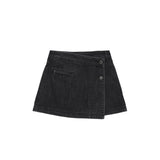 PLEATS WRAP DENIM MINI SKIRT IN BLACK