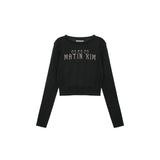 LOGO POINT JACQUARD KNIT CROP TOP IN CHARCOAL